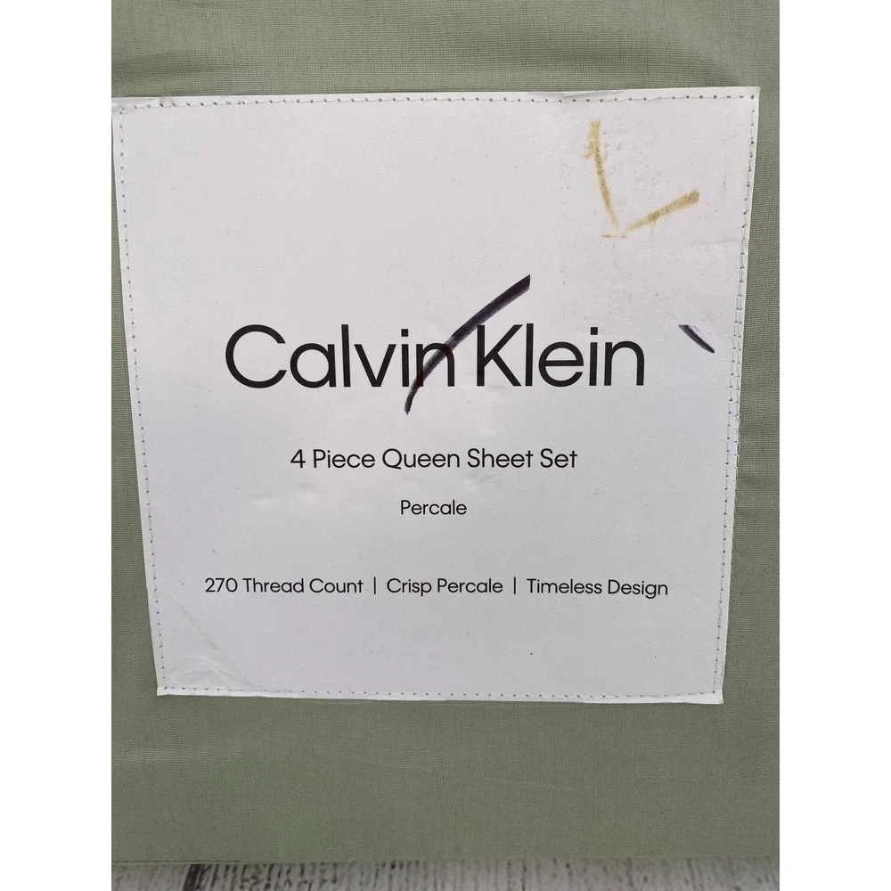 Calvin Klein Sheet Set Queen Sage Green Cotton Percale 270TC Earthy Modern